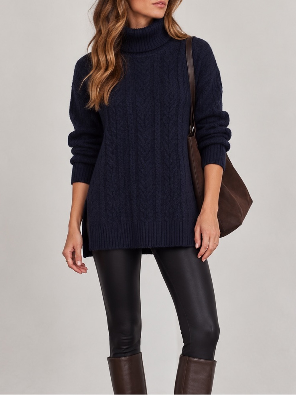 Halogen Navy Blue Cable Knit Turtleneck Sweater Chunky Knit Old Money XS